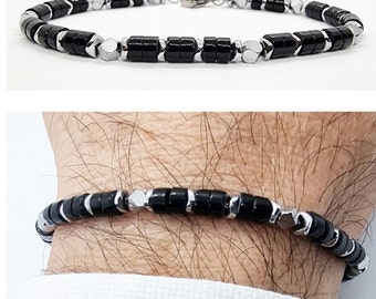 Men's bracelet in stainless steel and semiprecious stones, black onyx boho gipsy hippy style bracelet