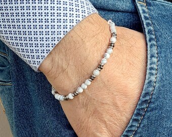 Men's bracelet, bracelet with stones and steel, bracelet with white nuggets and hematite, bracelet for boys