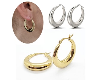 Pendientes de aro curvos de acero inoxidable dorados y plateados, aros piratas espejados para hombre y mujer