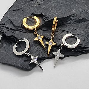 Cross Pendant Hoop Earrings, Men&#39;s Star Earrings, Stainless Steel Hoop Earrings, White Zircon Cross