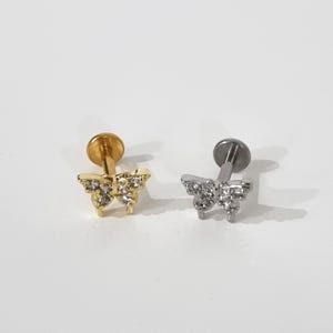 Piercing a farfalla ,piercing in acciaio inossidabile e zirconi , piccola farfalla per cartilagine elix trago labret ,argento oro, minimal