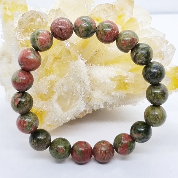 Bracciale in pietra naturale unakite braccialetto unisex con perle da 10 mm diaspro verde muschiato