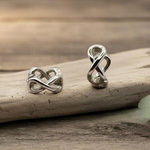 Op de afbeelding: Twee zilverkleurige oorbellen met een oneindigheidssymbool. Eén oorbel ligt plat, terwijl de andere rechtop staat. De oorbellen zijn gemaakt van glanzend metaal en worden gepresenteerd op een stuk drijfhout.