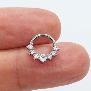 Septumring aus Edelstahl mit weißem Zirkonia, Clicker-Hoop, Helix-Knorpel, Septum-Hoop, silberfarben, 8 mm, für Daith
