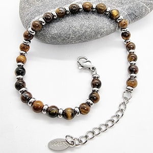 Tiger Eye Gemstone Men&#39;s Bracelet, Stainless Steel Bracelet, Unisex Bracelet, Adjustable Bracelet, 4mm Balls