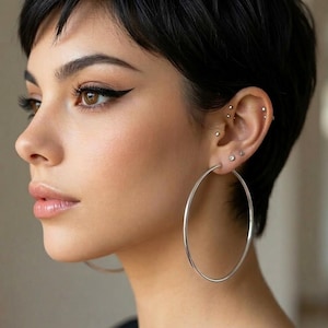 Può includere: Vista di profilo di una persona con capelli corti e scuri e piercing multipli all'orecchio. La persona indossa grandi orecchini a cerchio argentati. La carnagione è chiara e ha l'eyeliner scuro.