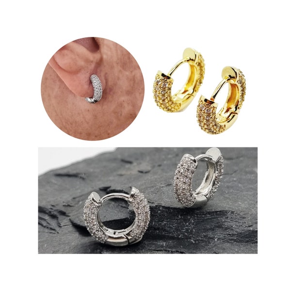 Orecchini uomo , cerchi con zirconi ,cerchietti da uomo donna con brillantini da 15 mm ,orecchini a cerchio pavè , cerchi argento oro