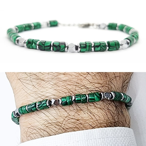 Bracciale da uomo in pietra dura malachite braccialetto regolabile acciaio inox pepite