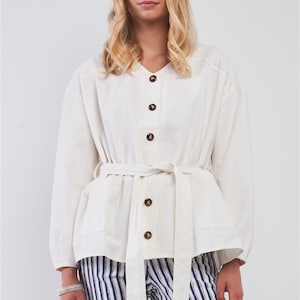 Off-White Balloon Sleeve Button-Down Front Self-Tie Belted Oversized Summer Jacket