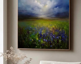 Dipinto astratto di fiori ad olio, dipinto di un campo di fiori selvatici, arte murale colorata ispirata alla natura, decorazione