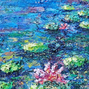 May include: An abstract painting of a water scene with blue, green, and pink hues. The artwork depicts water lilies and their reflections, with textured brushstrokes creating depth and movement. The colors blend to evoke a sense of tranquility.