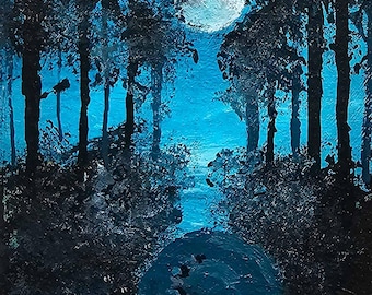 Moonlit Forest Acrylic Painting, Trading Card Size Art, "A Magic Paradize of Stories"