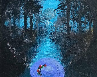 Dipinto acrilico, formato figurina (3,5 x 2,5 pollici), ACEO, "Un paradiso magico di puro significato"
