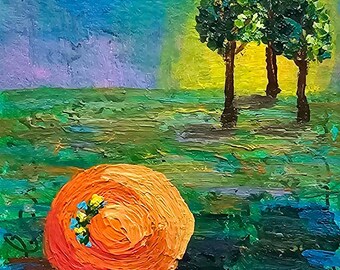 Original acrylic painting on paper, Tiny Landscape, 3,5 x 2,5 inches, trading card size, ACEO, "A Magic Paradize Before it Meant Anything"