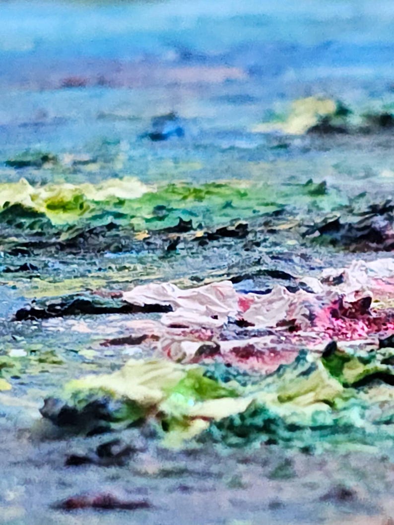 May include: Abstract painting with a textured surface. The artwork features a blend of colors, including blues, greens, pinks, and whites, creating a dynamic and expressive composition. The brushstrokes and textures add depth and visual interest to the piece.