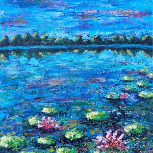 May include: Impressionistic oil painting of a serene lake scene. The artwork features a vibrant blue sky with streaks of pink and purple. The water reflects the sky and a distant treeline. Lily pads and pink water lilies float on the water's surface.