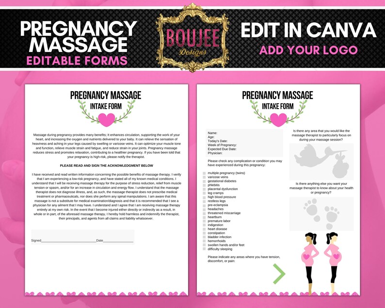 Pregnancy Massage Intake &amp; Consent Forms Editable in Canva | Etsy
