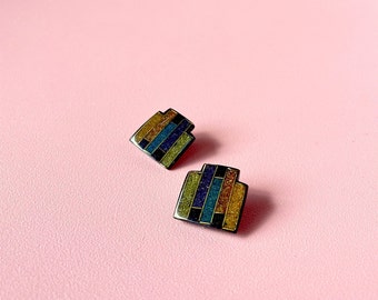 Década de 1960 / Clips de pendientes de brillo multicolor con forma de pixelado vintage único / Estilo Art Déco / Francia