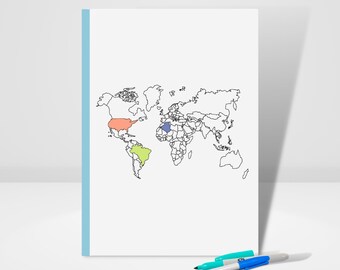 Diário de viagem para colorir | Mapa mundial | Diário de Mapa de Viagem | Presente de viajante | Presente de viagem | Globetrotter | Nômade | Caderno | Agenda | Diário