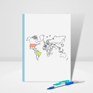 May include: A black and white outline of a world map with the United States, Brazil, and Egypt highlighted in different colours. The map is on a white sheet of paper with a light blue border.