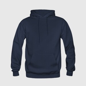 May include: A navy blue hooded sweatshirt with a pouch pocket.