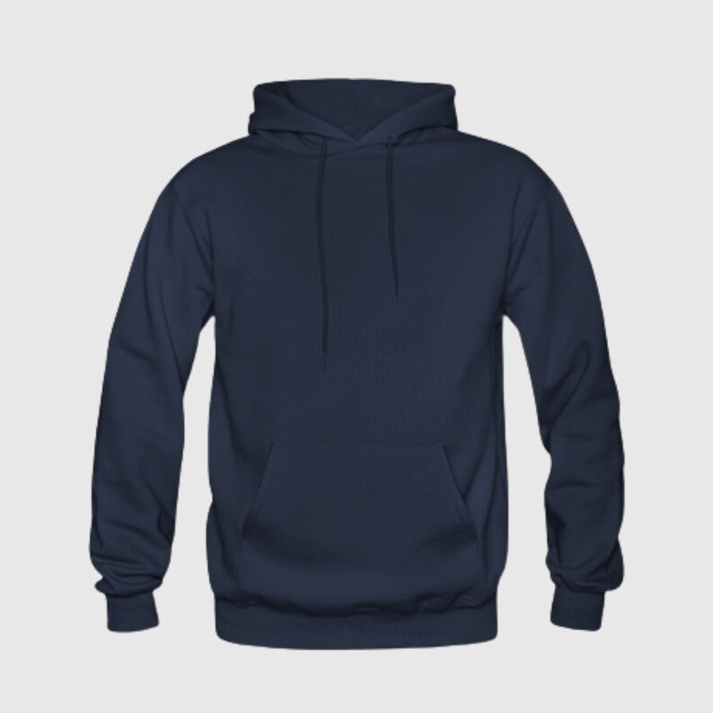 May include: A navy blue hooded sweatshirt with a pouch pocket.