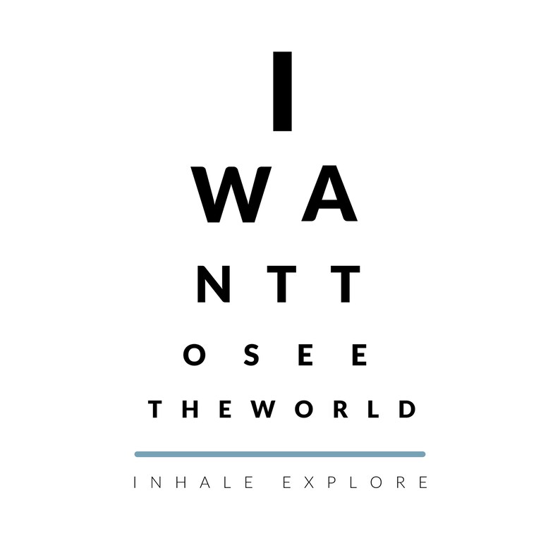 May include: Black and white eye chart with the text "I WANT TO SEE THE WORLD" and the words "INHALE EXPLORE" below the chart.