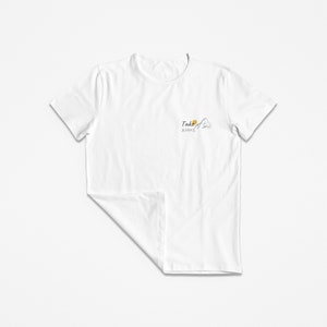 May include: White t-shirt with a simple graphic design of a mountain with a sun and the text "Take a Hike".