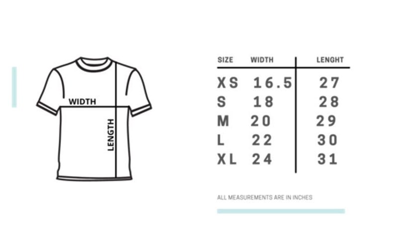 May include: Size chart for a t-shirt with measurements in inches for width and length. Sizes include XS, S, M, L, and XL.