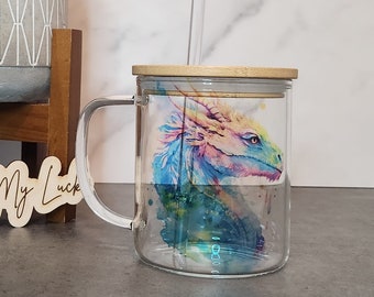 Beautiful Colorful Dragon Clear Glass Mug, Iced Coffee cup, Iced Tea cup, Gift for love one