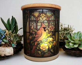 Cardinal Stained Glass Designed Battery Operated Tea Light Holder