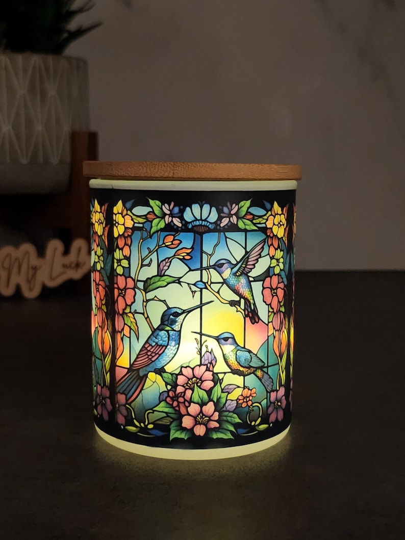 Hummingbird Stained Glass Designed Battery Operated Tea Light Holder image 5