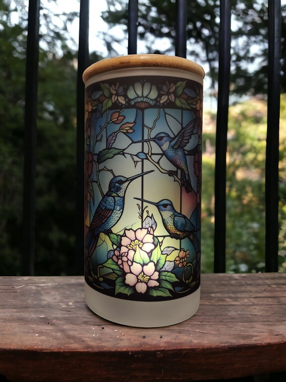 Hummingbird Stained Glass Designed Battery Operated Tea Light Holder
