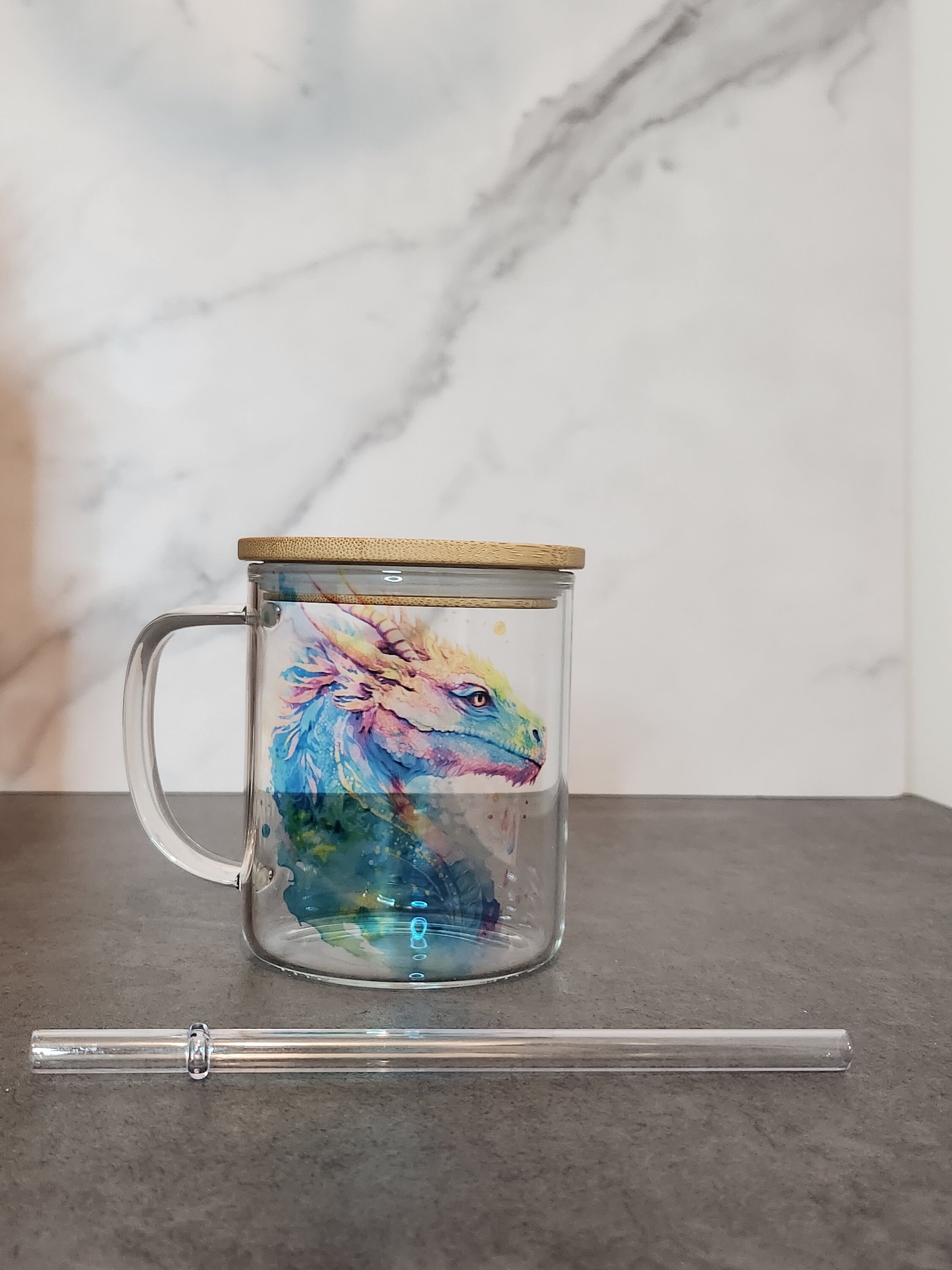 Beautiful Colorful Dragon Clear Glass Mug, Iced Coffee Cup, Iced Tea ...