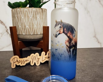 Horse Blue Ombrè Glass Water Bottle, Iced Coffee Tumbler, Iced Coffee Cup, Iced Tea Glass, Glass Design, Water Glass,