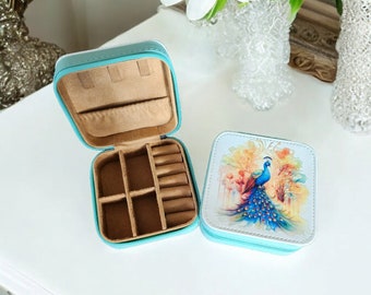 Watercolor Peacock Designed Mini Jewelry Box, Travel Jewelry Case