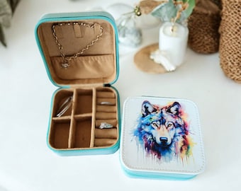 Watercolor Wolf Designed Mini Jewelry Box, Travel Jewelry Case