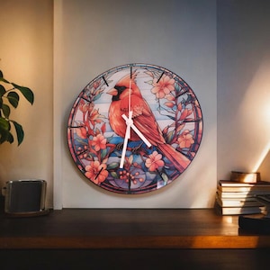Red Cardinal Faux Stained Glass Designed Glass Wall Clock, Red Bird Wall Art