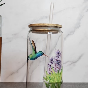 Beautiful Hummingbird with Hyacinth Flower Glass Tumbler, Iced Coffee Tumbler, Iced Coffee Cup, Iced Tea Glass, Glass Design, Water Glass