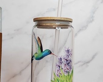 Beautiful Hummingbird with Hyacinth Flower Glass Tumbler, Iced Coffee Tumbler, Iced Coffee Cup, Iced Tea Glass, Glass Design, Water Glass