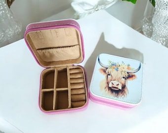 Watercolor Highland Cow Designed Mini Jewelry Box, Travel Jewelry Case
