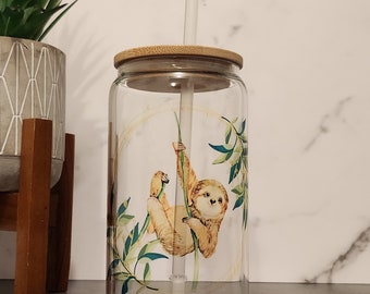 Beautiful Sloth Glass Tumbler, Iced Coffee Tumbler, Iced Coffee Cup, Iced Tea Glass, Glass Design, Water Glass