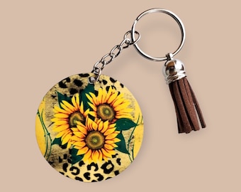 Beautiful Sunflower Cheetah Keychain, Tassel Keychain