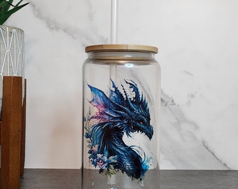 Dark Dragon Floral Glass Tumbler, Iced Coffee Tumbler, Iced Coffee Cup, Iced Tea Glass, Glass Design, Water Glass