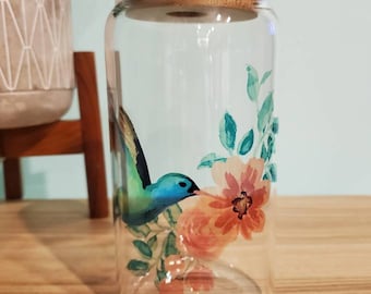 Beautiful Hummingbird Glass Tumbler, Iced Coffee Tumbler, Iced Coffee Cup, Iced Tea Glass, Glass Design, Water Glass