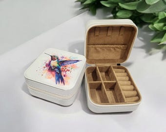 Watercolor Hummingbird Designed Mini Jewelry Box, Travel Jewelry Case