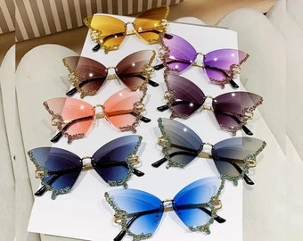 1 Pair Of Butterfly Sunglasses | Summer Fashion Designer Sunglasses | Encrusted Rim Sunglasses Yellow/Purple/Tea/Red Sunglasses