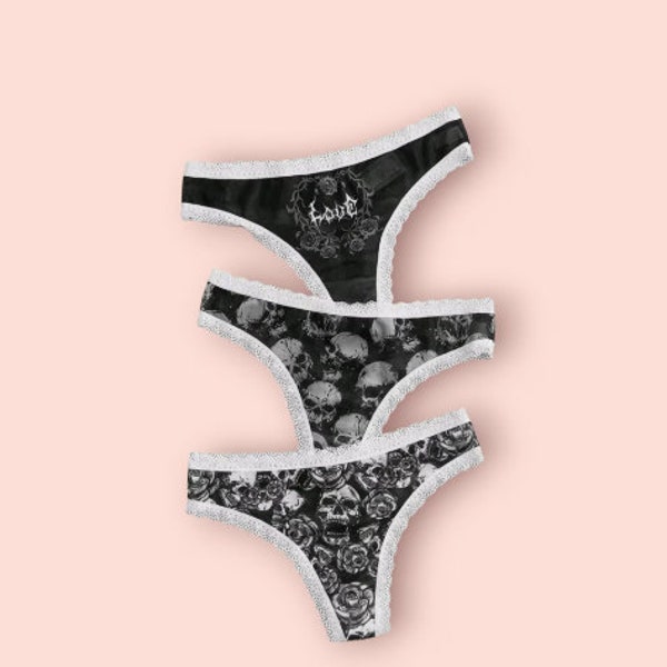 Goth 3pack Skull Print Contrast Lace Panty Set - Gothic - Knickers - Pants