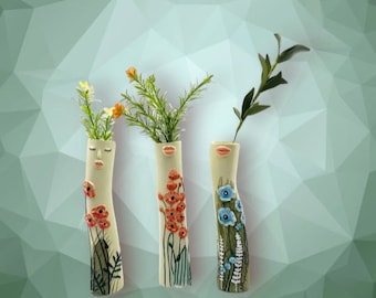 Vases bourgeons en céramique pour femme • Vases en poterie pour fleurs séchées • Vases visage en grès faits main • Idée cadeau pour amoureux des plantes • Décoration d'intérieur bohème
