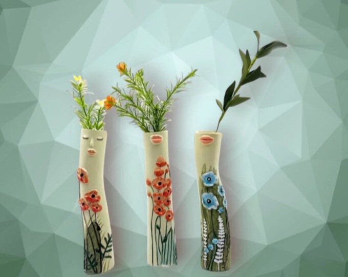 Keramik-Knospenvasen für die Familie der Damen • Keramikvasen für Trockenblumen • Handgefertigte Gesichtsvasen aus Steingut • Geschenkidee für Pflanzenliebhaber • Boho-Wohnkultur